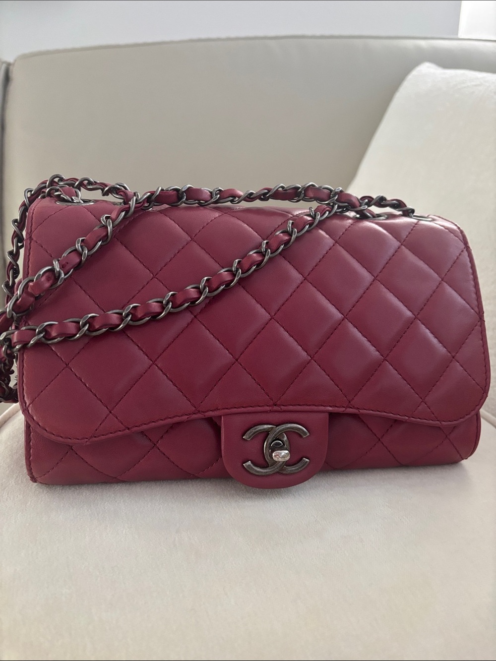 CHANEL Quilted Shoulder Bag in Burgundy Red with Silver Hardware